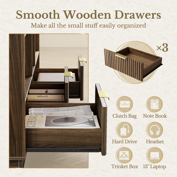 4-Tier Fluted Bookshelf with Drawers & Storage