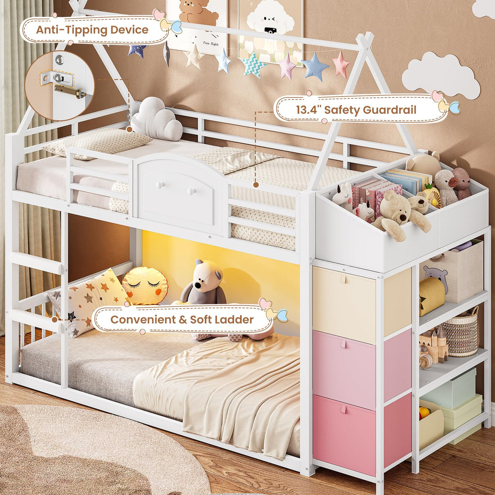 Twin Over Twin House Bunk Bed with Storage Drawers, LED Lights & Stairs