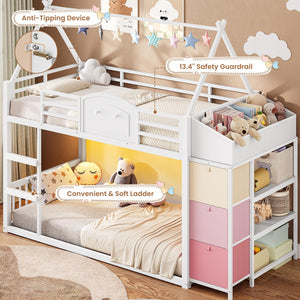 Twin Over Twin House Bunk Bed with Storage Drawers, LED Lights & Stairs