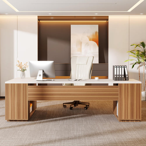 L-Shaped Executive Desk with File Drawers & Cabinet