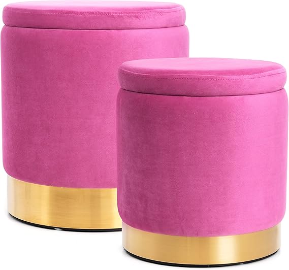 Round Velvet Storage Ottoman Set of 2 with Gold Base