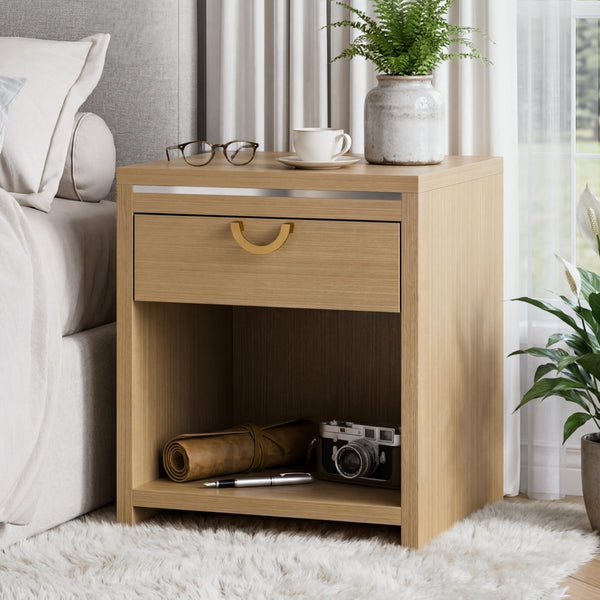 Nightstand Set of 2 with Drawer & Open Shelf, Natural Oak, 25" Tall