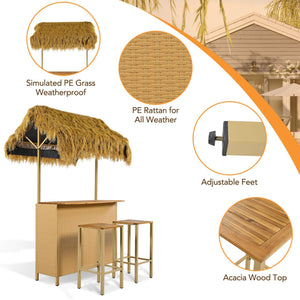 Hawaiian Outdoor Bar Table and Stools Set – 3-Piece Patio Bar Set with PE Grass Canopy