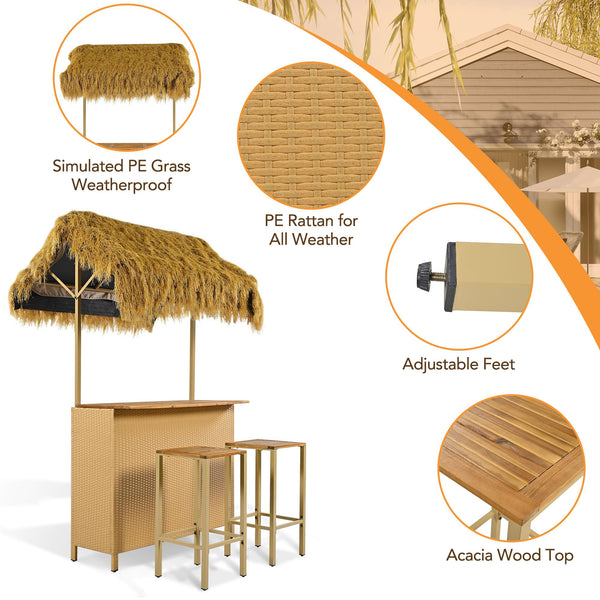 Hawaiian Outdoor Bar Table and Stools Set – 3-Piece Patio Bar Set with PE Grass Canopy