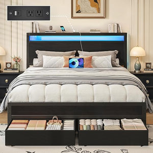 Metal Bed Frame with Storage Headboard, LED Lights & Charging Station