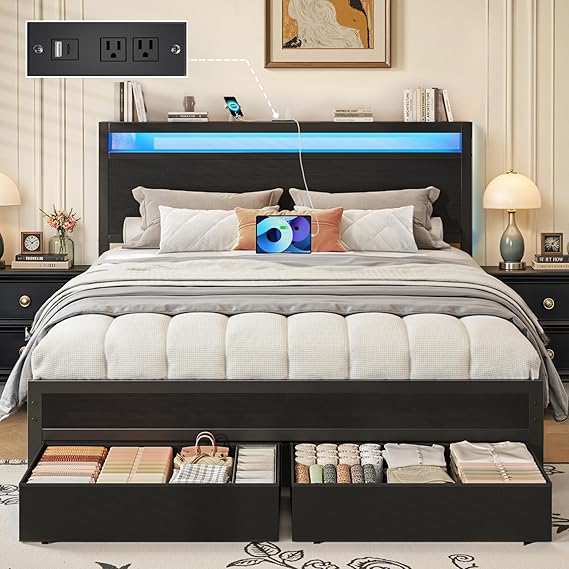 Metal Bed Frame with Storage Headboard, LED Lights & Charging Station