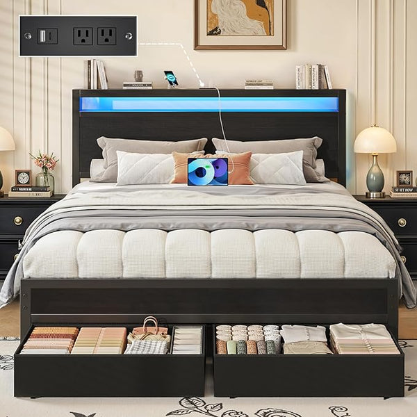 Queen Bed Frame with Storage Headboard, LED Lights & Charging Station