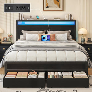 Queen Bed Frame with Storage Headboard, LED Lights & Charging Station