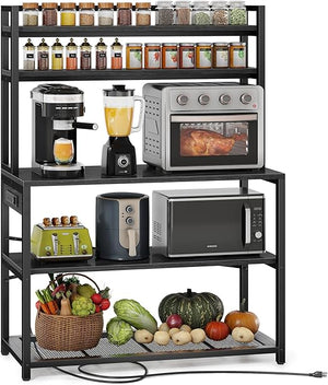 5-Tier Baker's Rack with Power Outlets and Microwave Stand, 38 Inch Kitchen Shelf with Storage