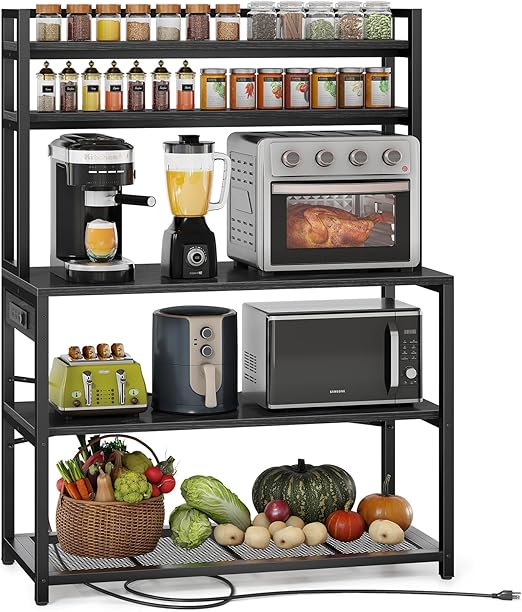 5-Tier Baker's Rack with Power Outlets and Microwave Stand, 38 Inch Kitchen Shelf with Storage