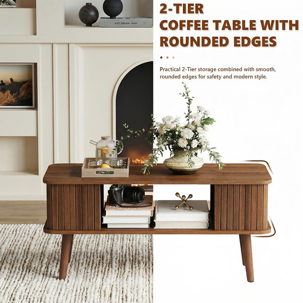 Rectangle Coffee Table with 2-Tier Storage – Walnut