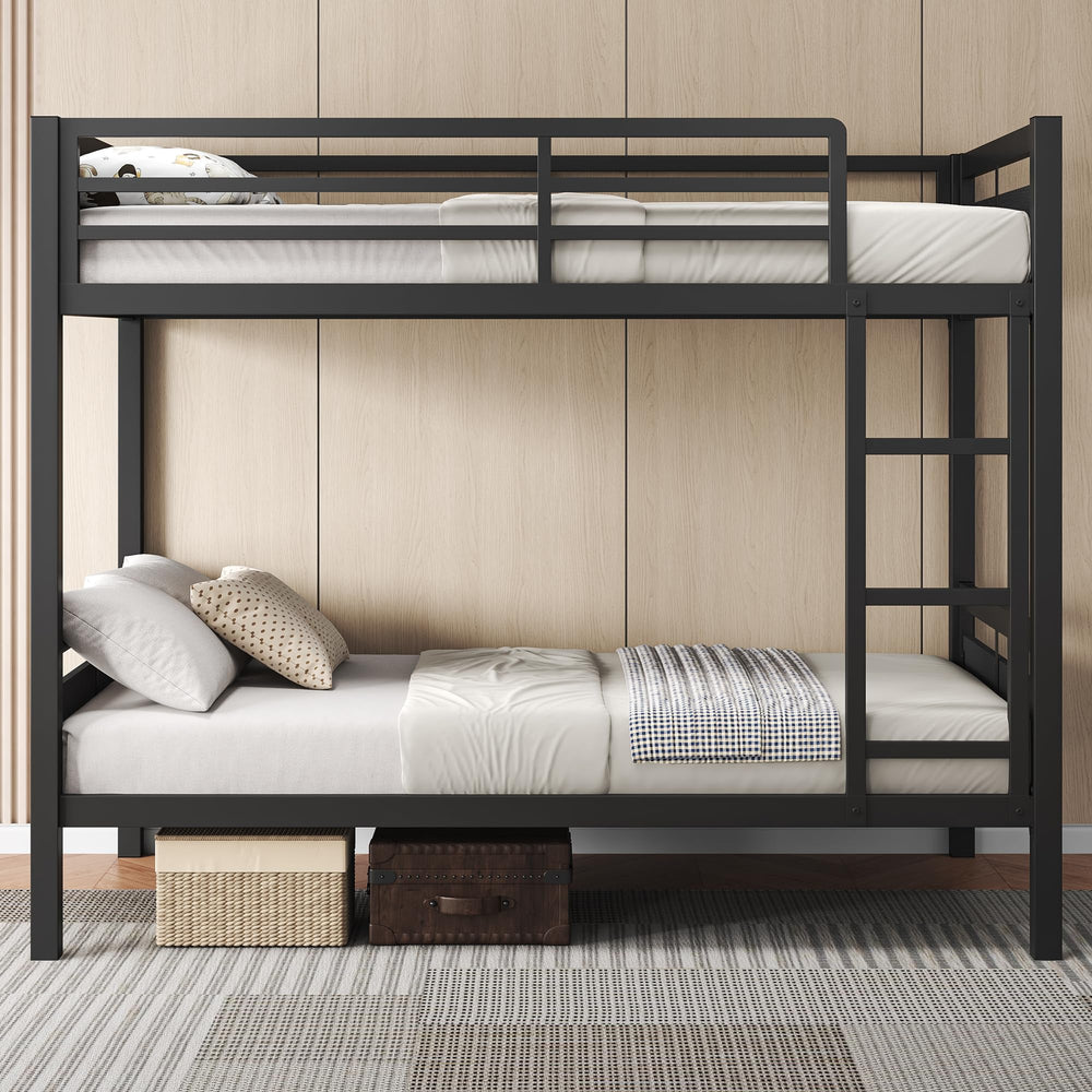 Twin Over Twin Metal Bunk Bed with Ladder and High Guardrail