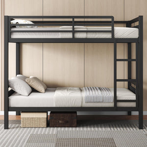 Twin Over Twin Metal Bunk Bed with Ladder and High Guardrail