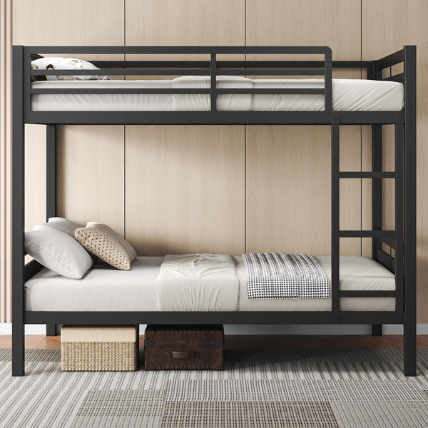 Twin Over Twin Metal Bunk Bed with Ladder and High Guardrail