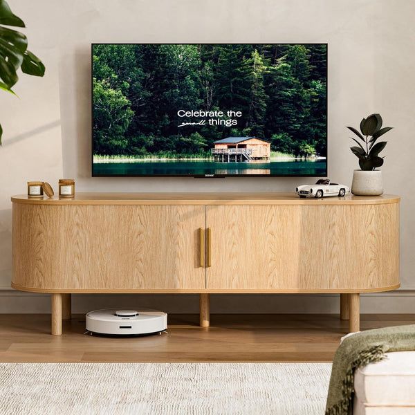 Mid-Century TV Stand with Sliding Doors & Storage Cabinets