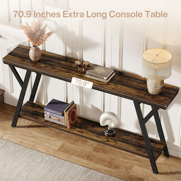 70.9" Narrow Industrial Console Table with 2-Tier Shelf