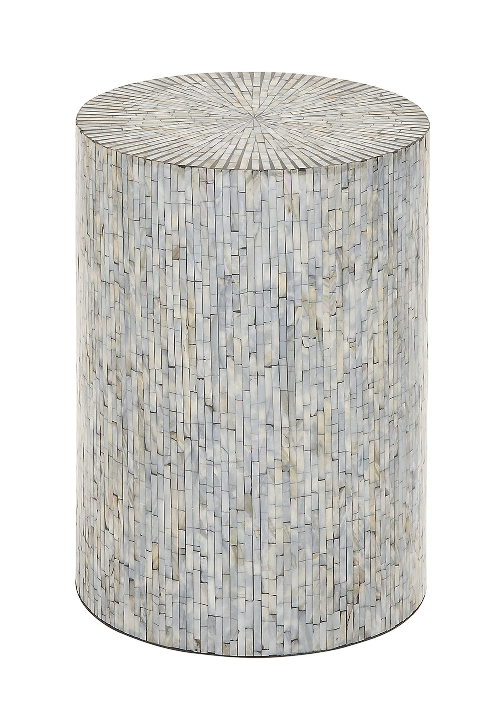 Mother of Pearl Mosaic Cylinder Side End Table, Light Blue, 14" x 14" x 20"
