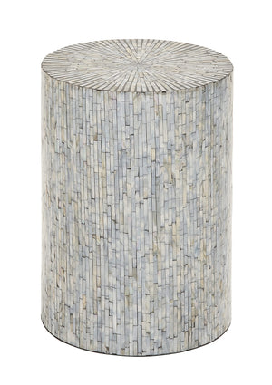 Mother of Pearl Mosaic Cylinder Side End Table, Light Blue, 14" x 14" x 20"