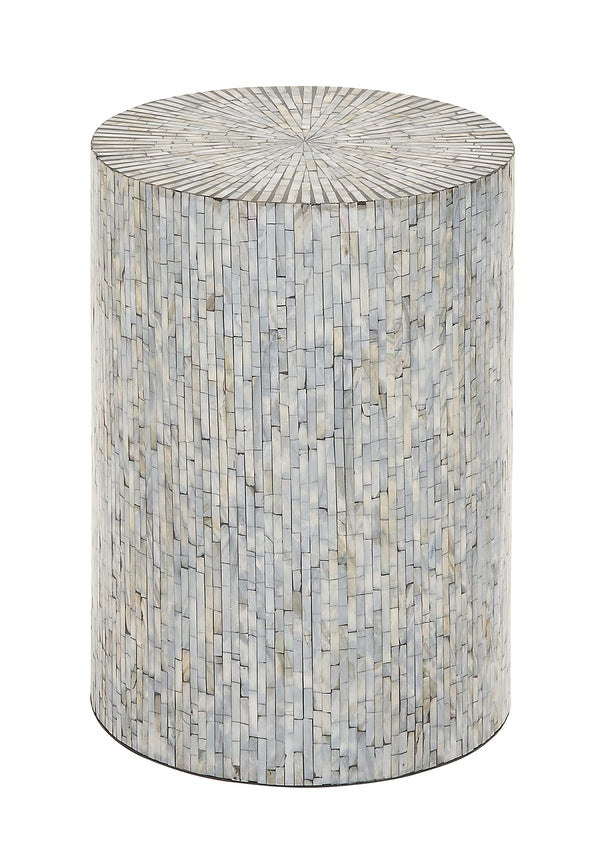 Mother of Pearl Mosaic Cylinder Side End Table, Light Blue, 14" x 14" x 20"