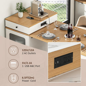 Trygoal Kitchen Island with Extendable Dining Table, 59.5" Rolling Kitchen Storage Table with Double-Sided Storage, Power Outlet and 2 Drawers, for Kitchen,Dining Room, White