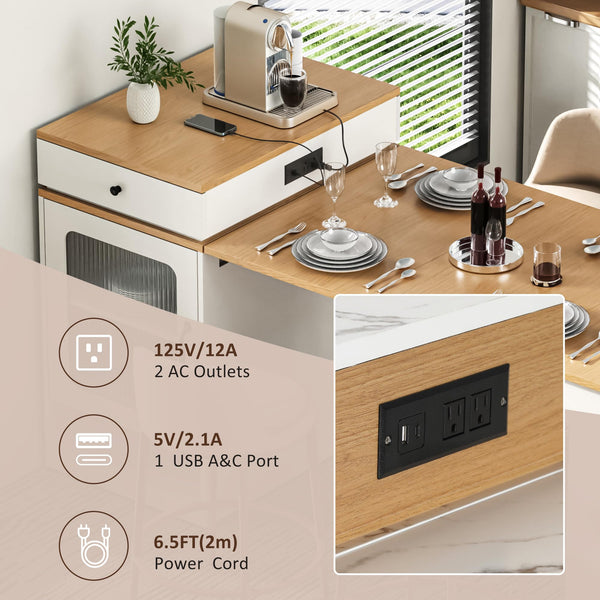 Trygoal Kitchen Island with Extendable Dining Table, 59.5" Rolling Kitchen Storage Table with Double-Sided Storage, Power Outlet and 2 Drawers, for Kitchen,Dining Room, White