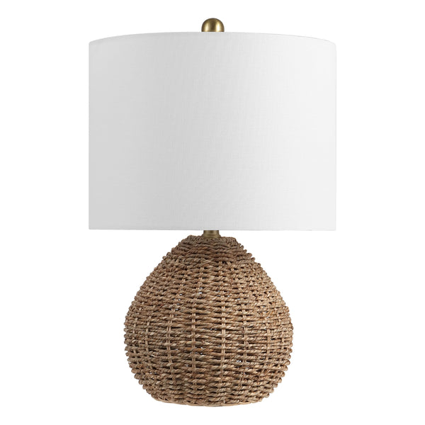 Brown Rattan LED Table Lamp with White Linen Drum Shade