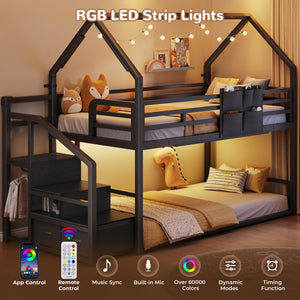 Twin Over Twin Metal Bunk Bed with Storage Staircase & LED Lighting