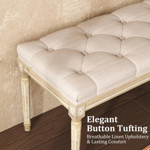 Upholstered Vanity Bench with Button Tufting & Carved Wood Legs