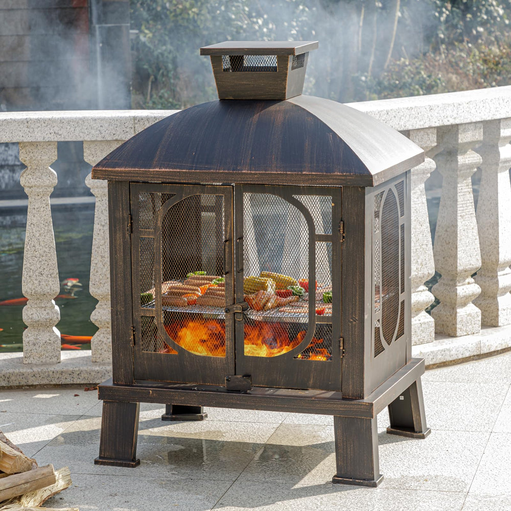 Square Metal Chiminea Fire Pit with Grill