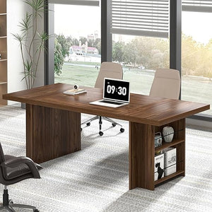 70" Large Executive Desk with Storage Shelves, Industrial Wood