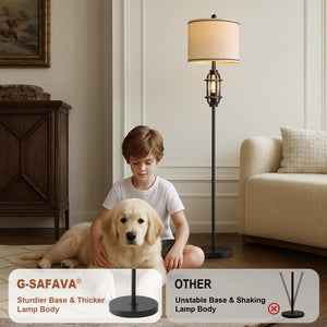 Industrial Floor Lamp with Dual Lights & Linen Shade