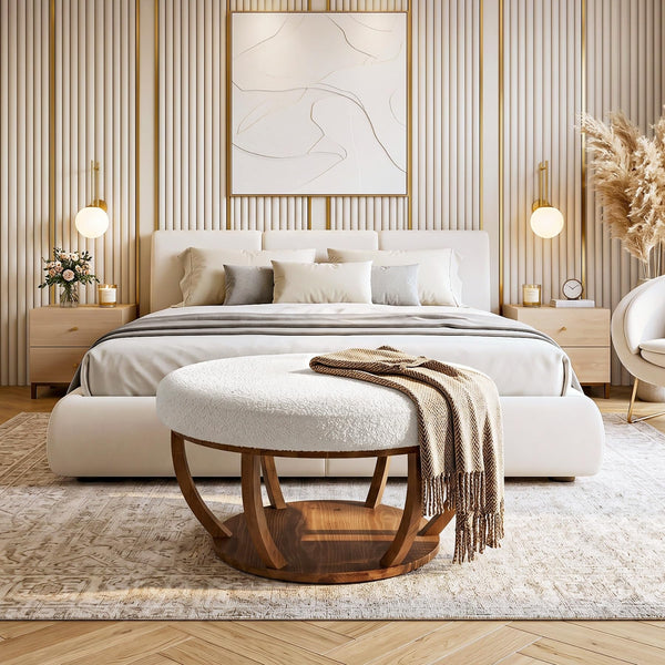 Round Storage Ottoman Coffee Table with Wood Base
