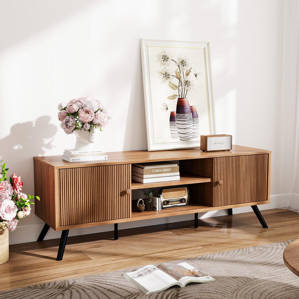 Mid-Century Modern TV Stand with Fluted Door Cabinets