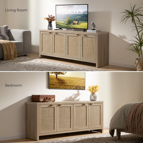 Boho TV Stand with 4 Rattan Cabinets – Farmhouse Entertainment Center, Fits TVs up to 65 Inch