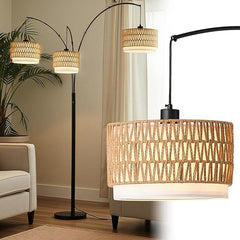 3-Light Arc Floor Lamp with Rattan Wicker Shades, 80 Inch Tall Standing Lamp