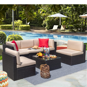 6-Piece Outdoor Sectional Sofa Set with Glass Coffee Table