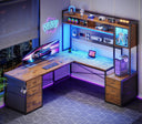 L-Shaped Gaming Desk with Drawers, Hutch & LED Lights