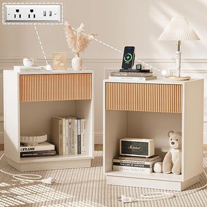 Fluted Nightstand Set of 2 with Charging Station