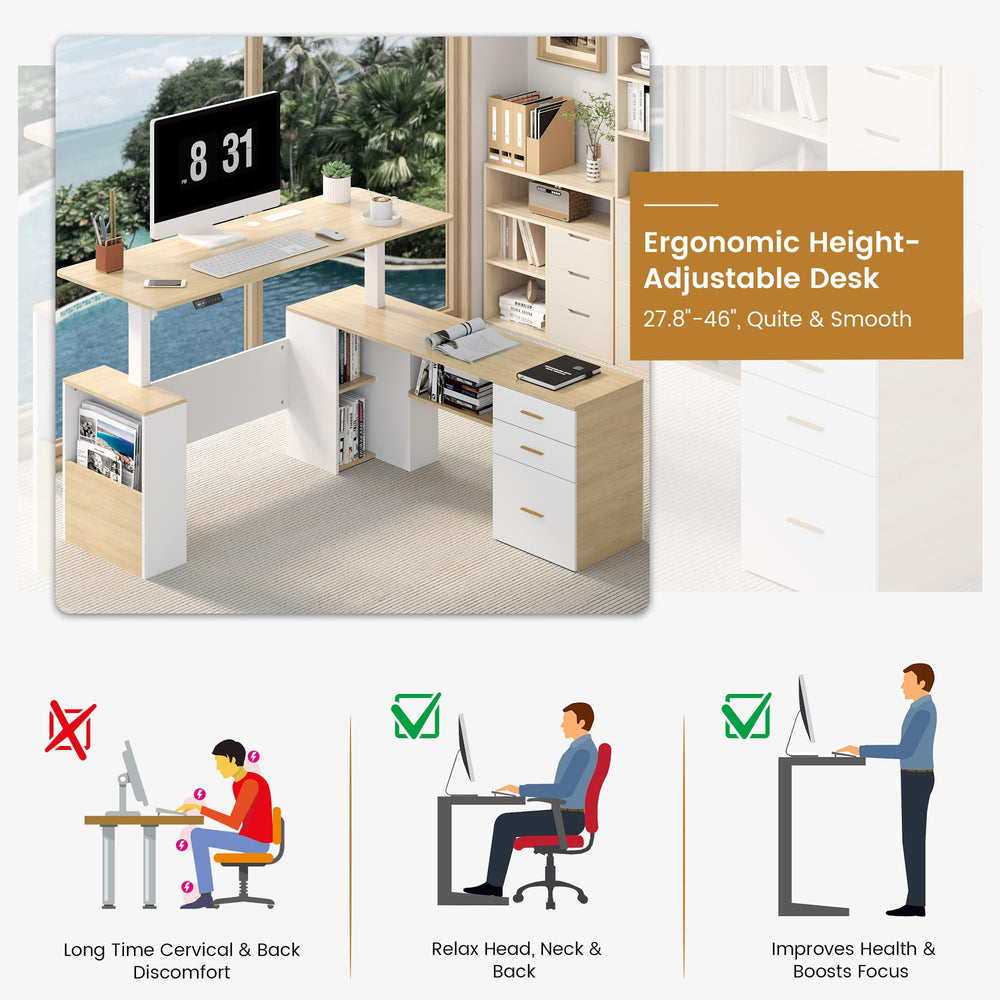 L-Shaped Electric Standing Desk with Storage & Privacy Panel