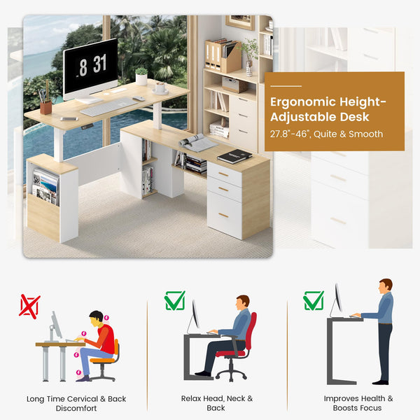 L-Shaped Electric Standing Desk with Storage & Privacy Panel