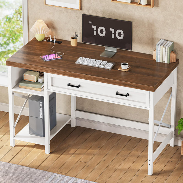 Small Desk with Drawers, Storage Shelves & Built-In Power Outlet