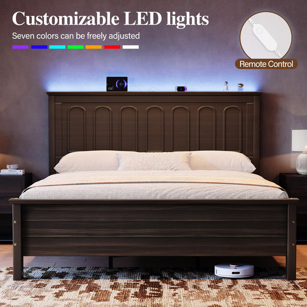 Queen Bed Frame with Headboard, LED Lights & Charging Ports