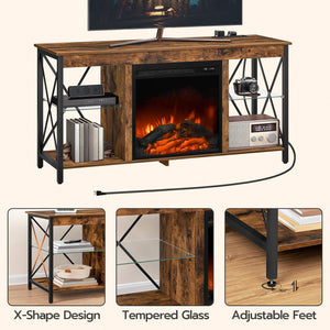 Fireplace TV Stand with Charging Station & LED Lights