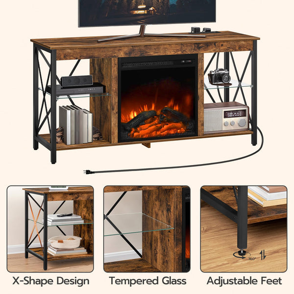 Fireplace TV Stand with Charging Station & LED Lights