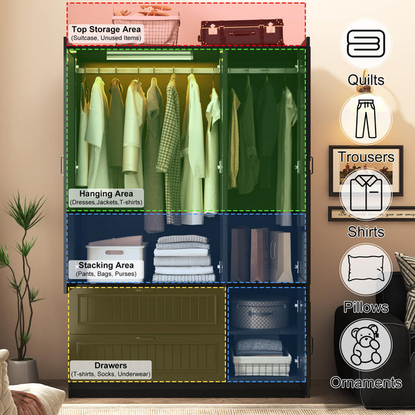 3-Door Wardrobe Armoire with Mirrors, LED Lights & 2 Drawers – Black