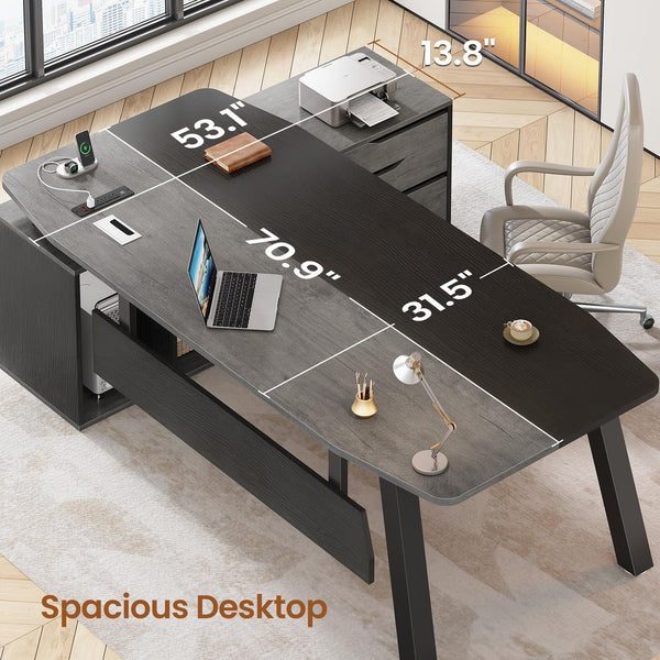 L-Shaped Executive Desk with File Cabinet and Power Outlets