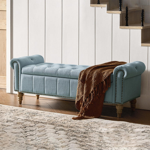 HULALA HOME Farmhouse Upholstered Storage Bench, End of Bed Bench with Vintage Button Tufted Design(Blue)