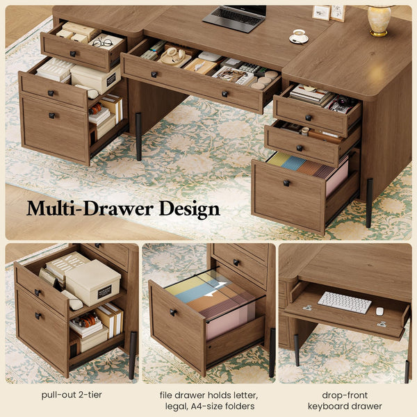 63-Inch Executive Desk with Drawers, Keyboard Tray & Storage Cabinets