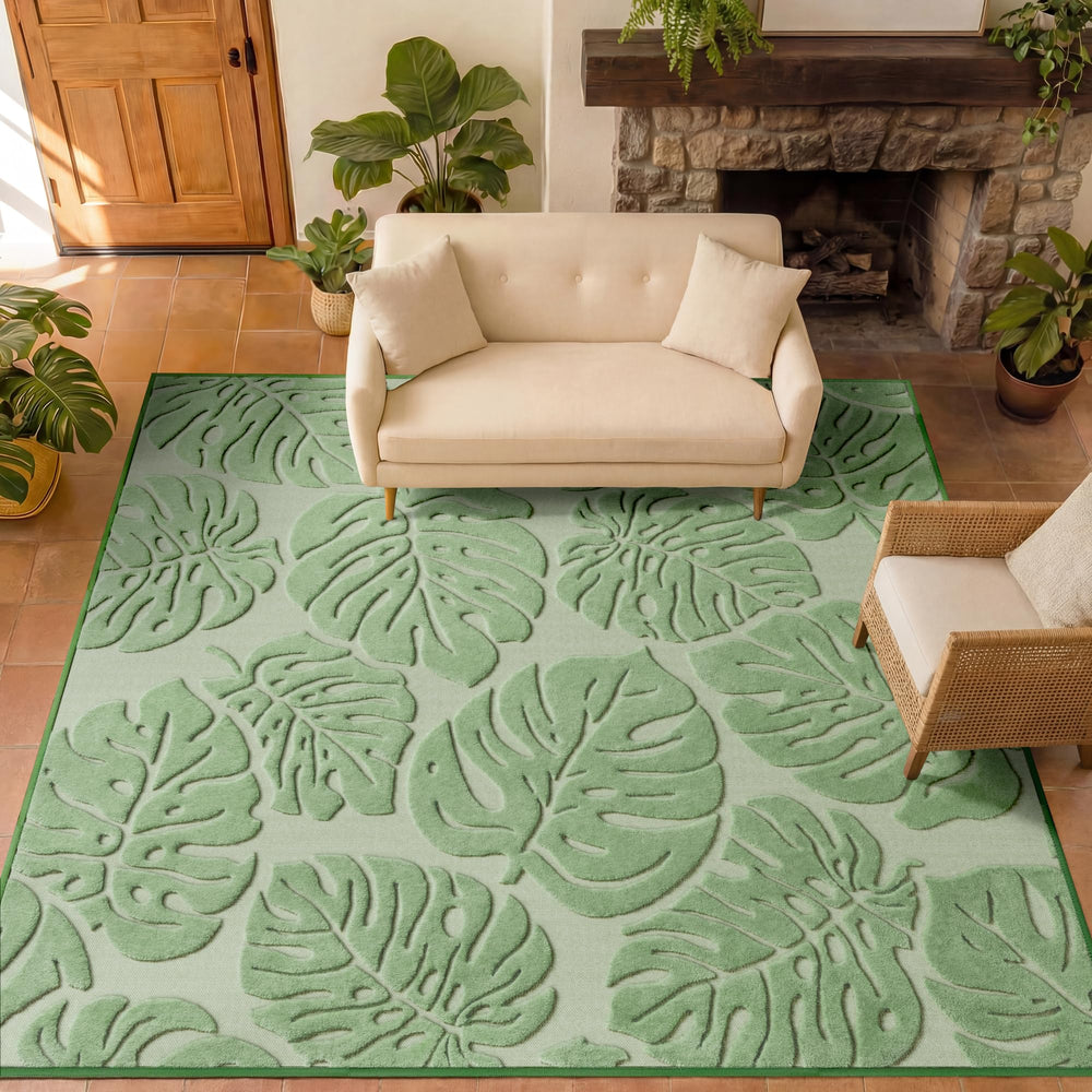 Green Monstera High-Low Plush Area Rug
