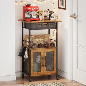 3-Tier Coffee Bar Cabinet with Wheels & Wire Basket Drawer